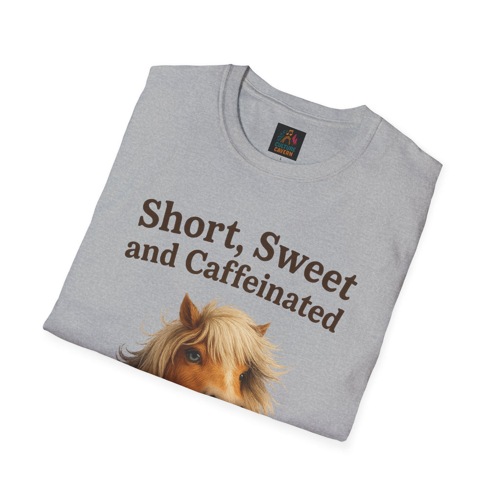Short, Sweet, and Caffeinated Pony T-Shirt, Cute Animal Tee, Funny Coffee Shirt, Gift for Coffee Lovers, Unisex Funny Tee