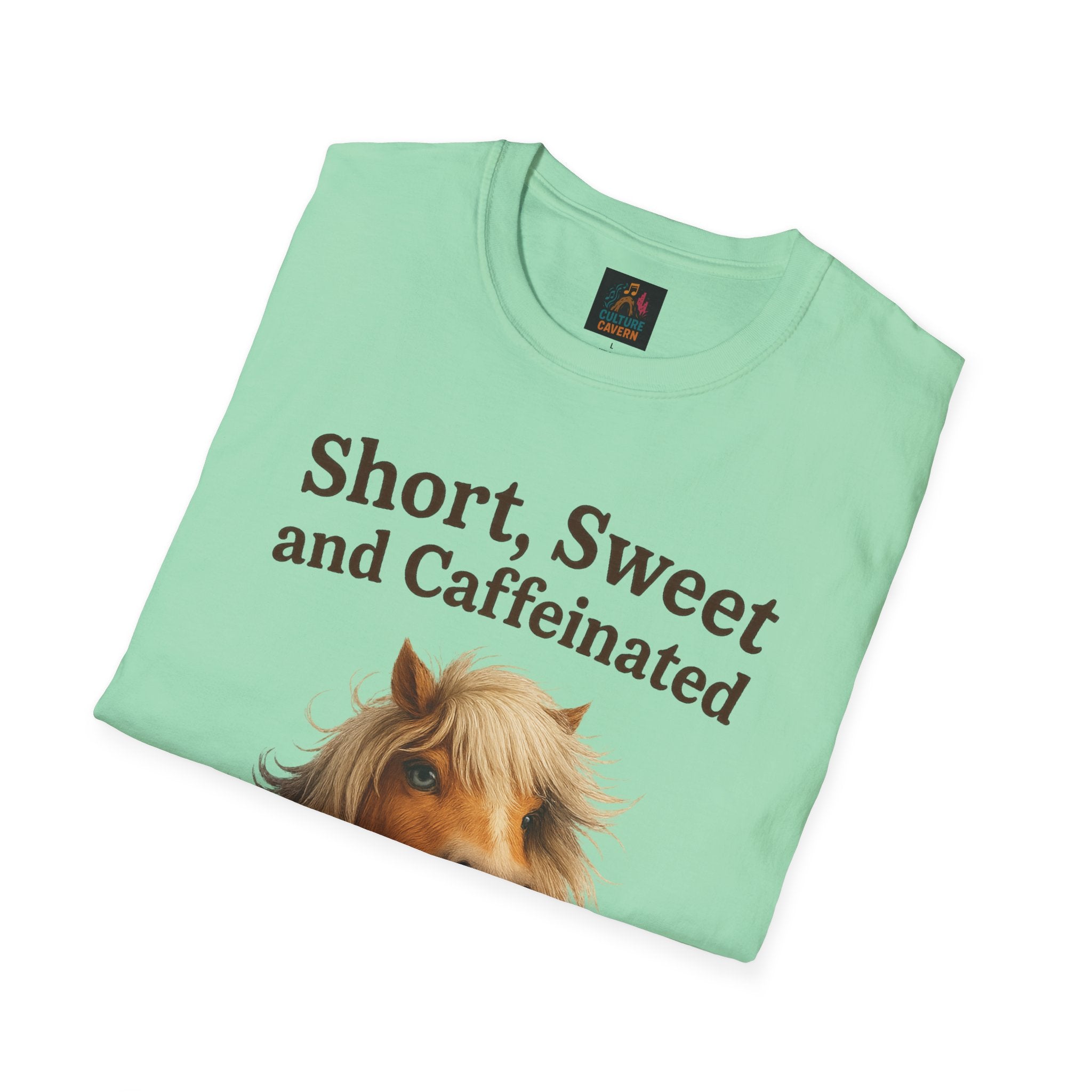 Short, Sweet, and Caffeinated Pony T-Shirt, Cute Animal Tee, Funny Coffee Shirt, Gift for Coffee Lovers, Unisex Funny Tee