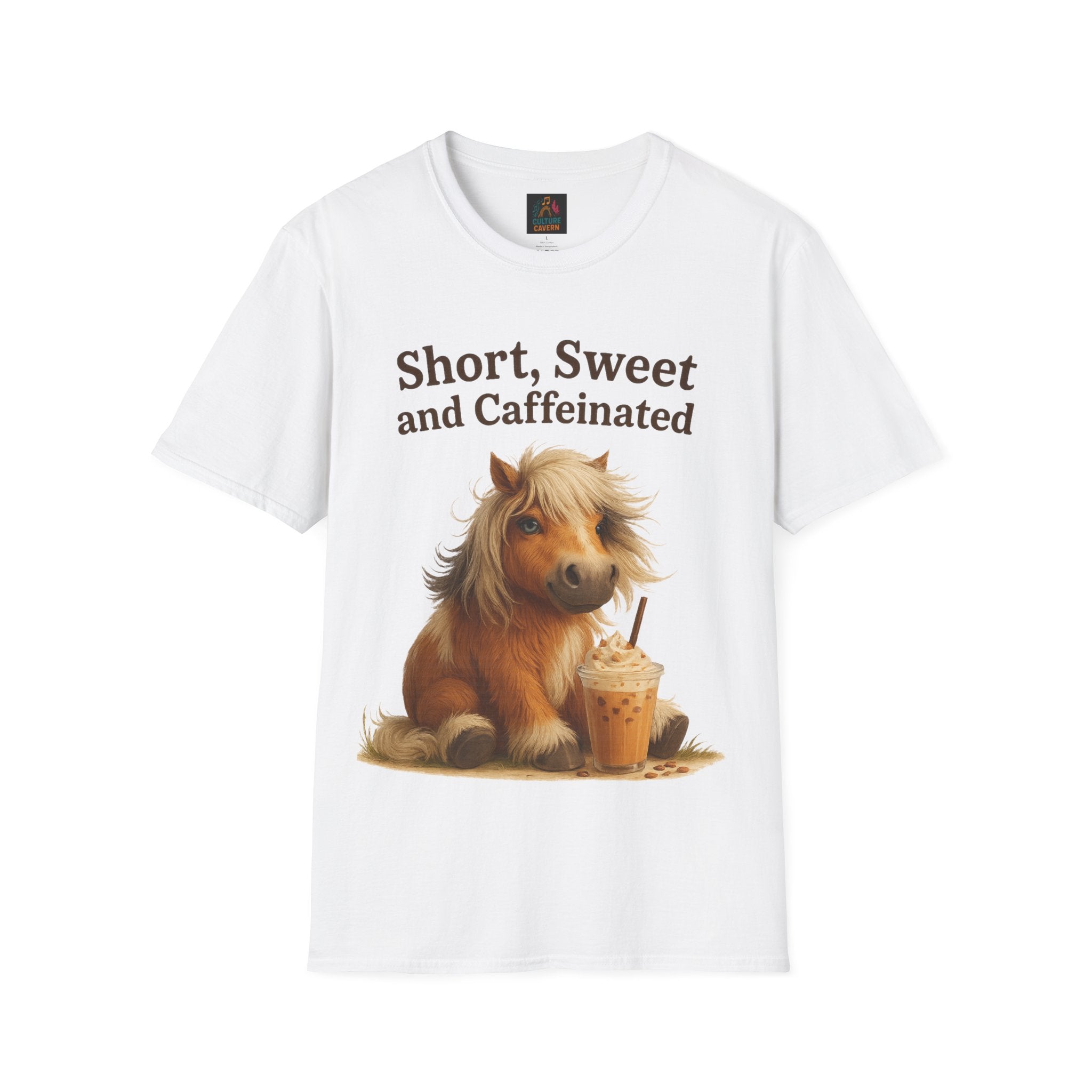 Short, Sweet, and Caffeinated Pony T-Shirt, Cute Animal Tee, Funny Coffee Shirt, Gift for Coffee Lovers, Unisex Funny Tee