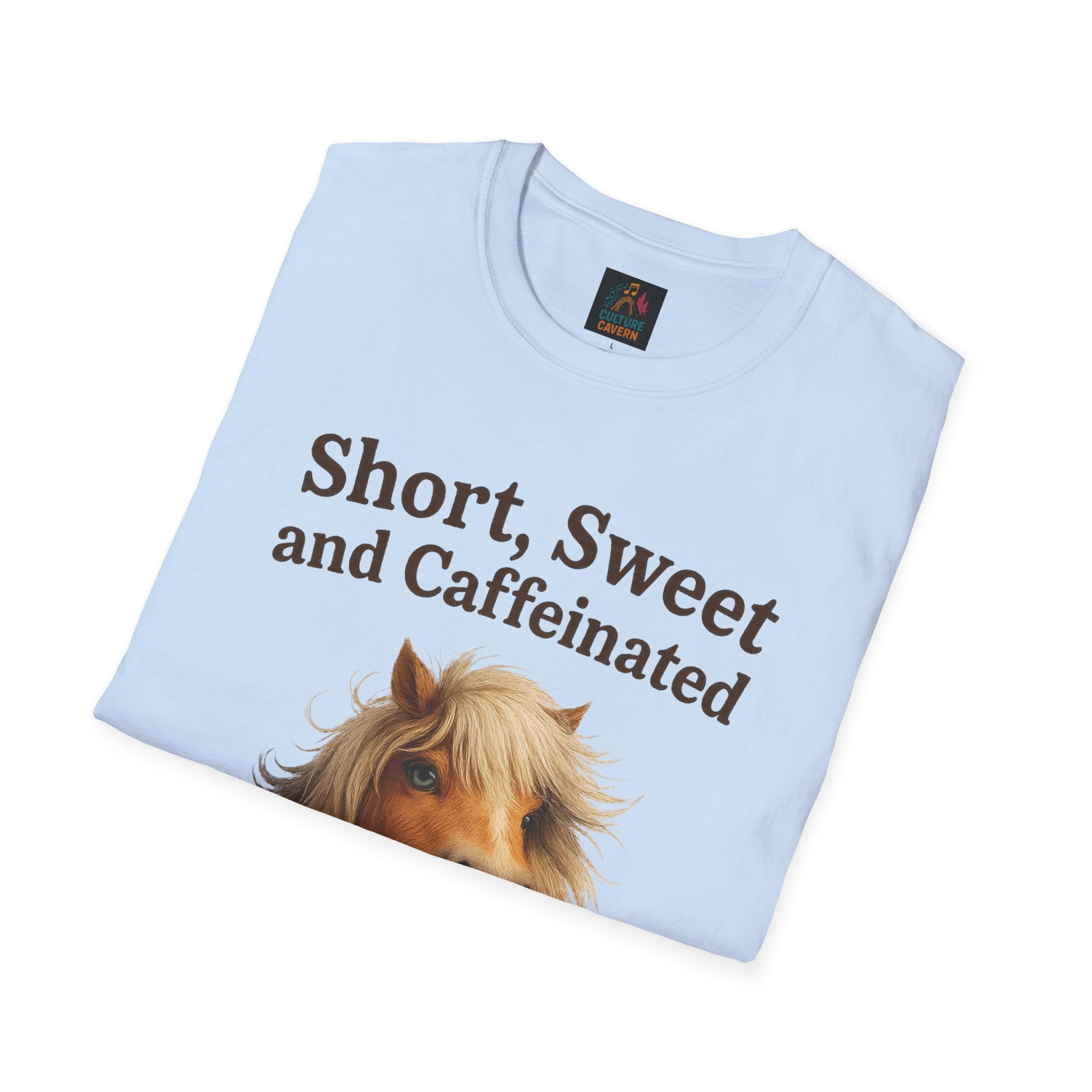 Short, Sweet, and Caffeinated Pony T-Shirt, Cute Animal Tee, Funny Coffee Shirt, Gift for Coffee Lovers, Unisex Funny Tee