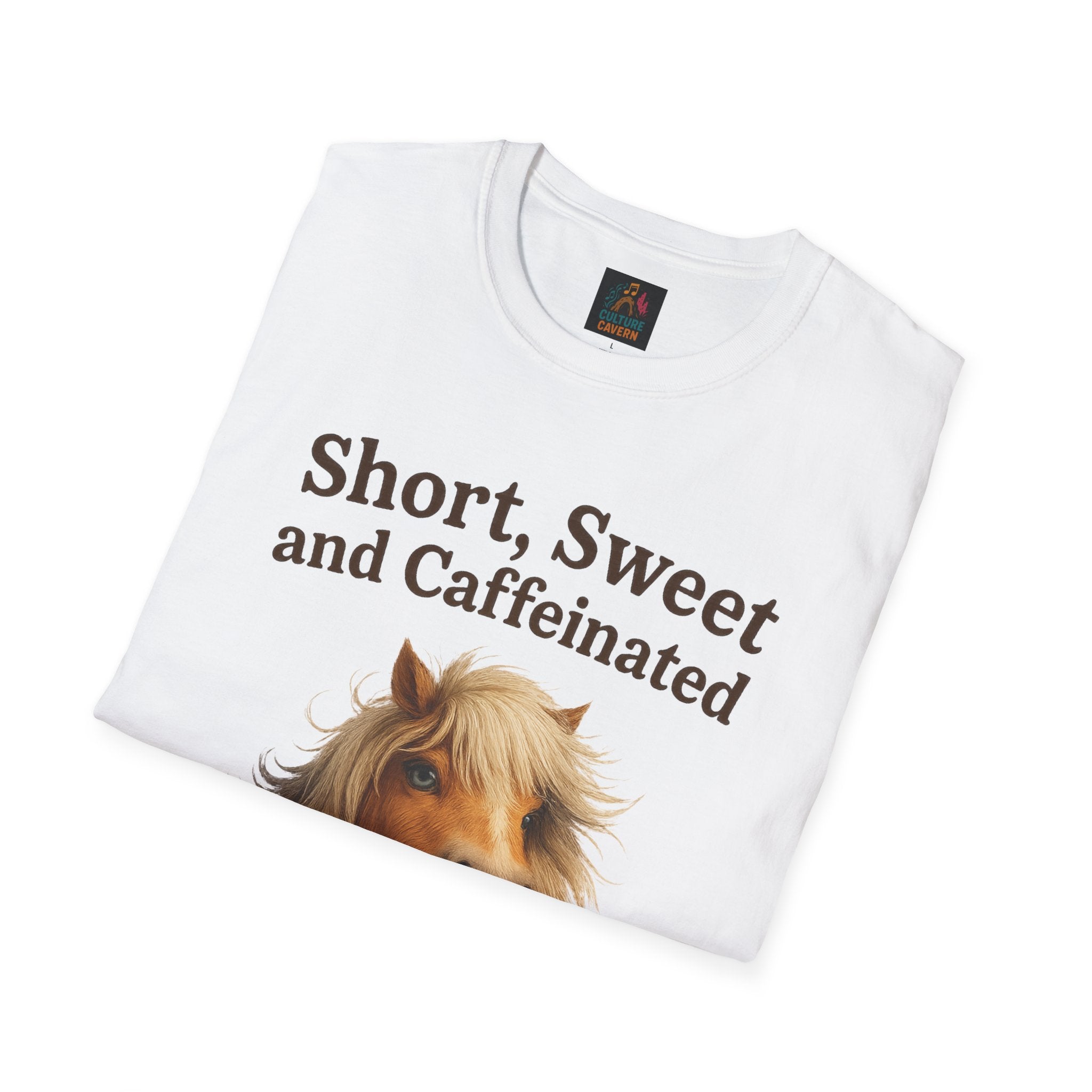 Short, Sweet, and Caffeinated Pony T-Shirt, Cute Animal Tee, Funny Coffee Shirt, Gift for Coffee Lovers, Unisex Funny Tee