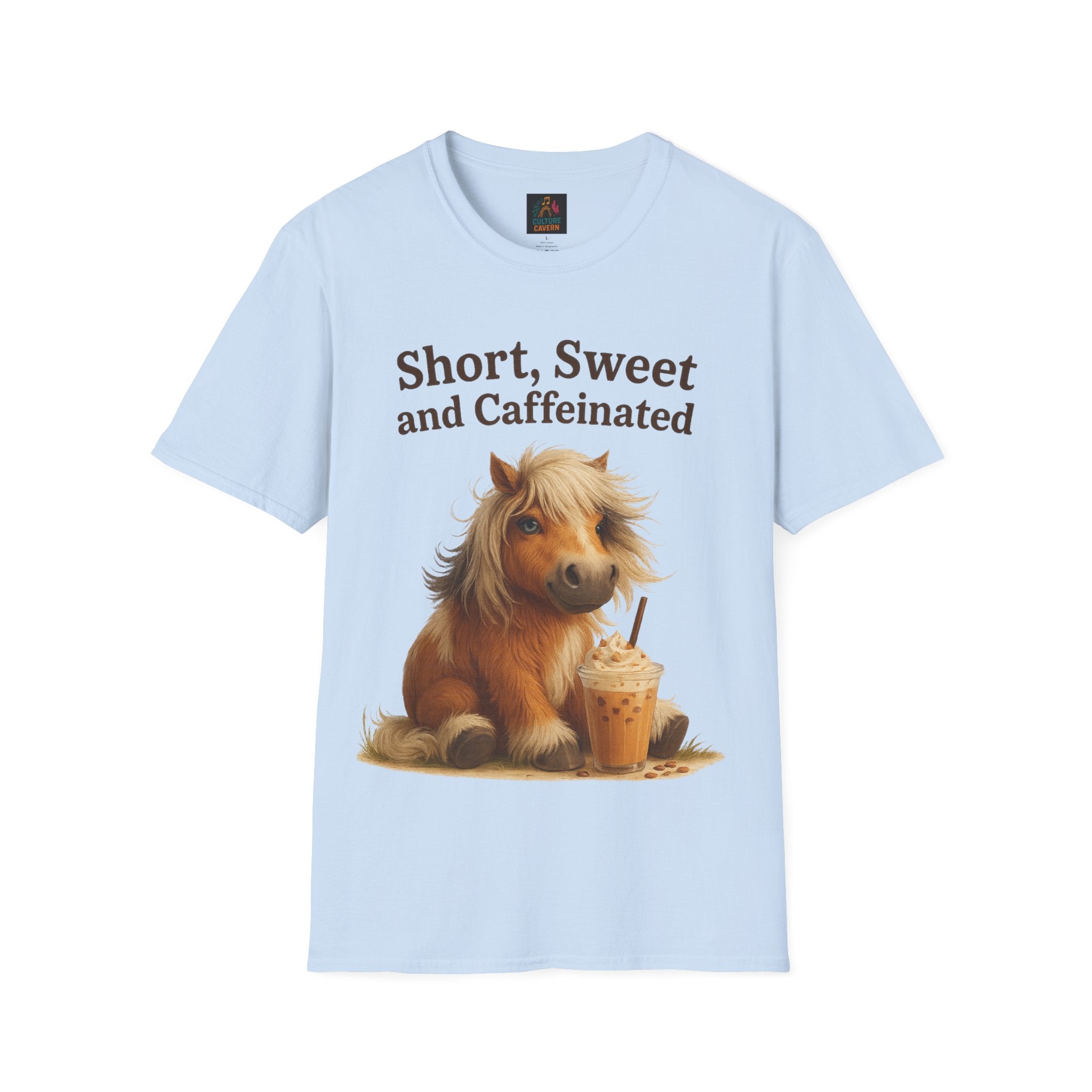 Short, Sweet, and Caffeinated Pony T-Shirt, Cute Animal Tee, Funny Coffee Shirt, Gift for Coffee Lovers, Unisex Funny Tee