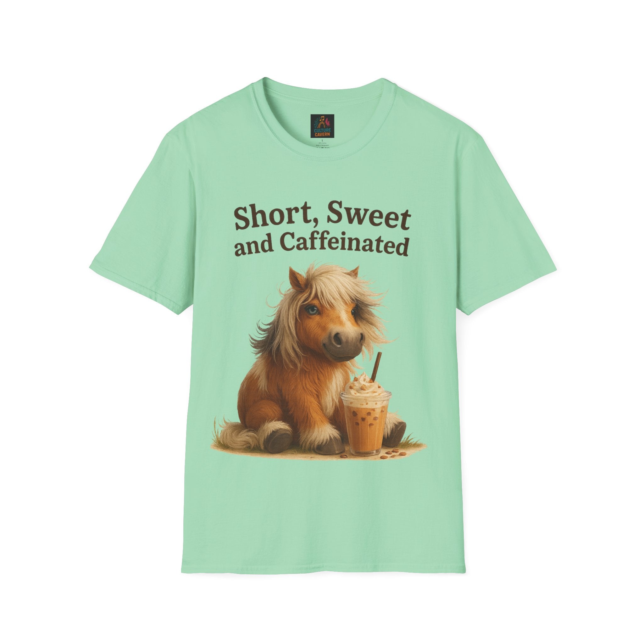 Short, Sweet, and Caffeinated Pony T-Shirt, Cute Animal Tee, Funny Coffee Shirt, Gift for Coffee Lovers, Unisex Funny Tee