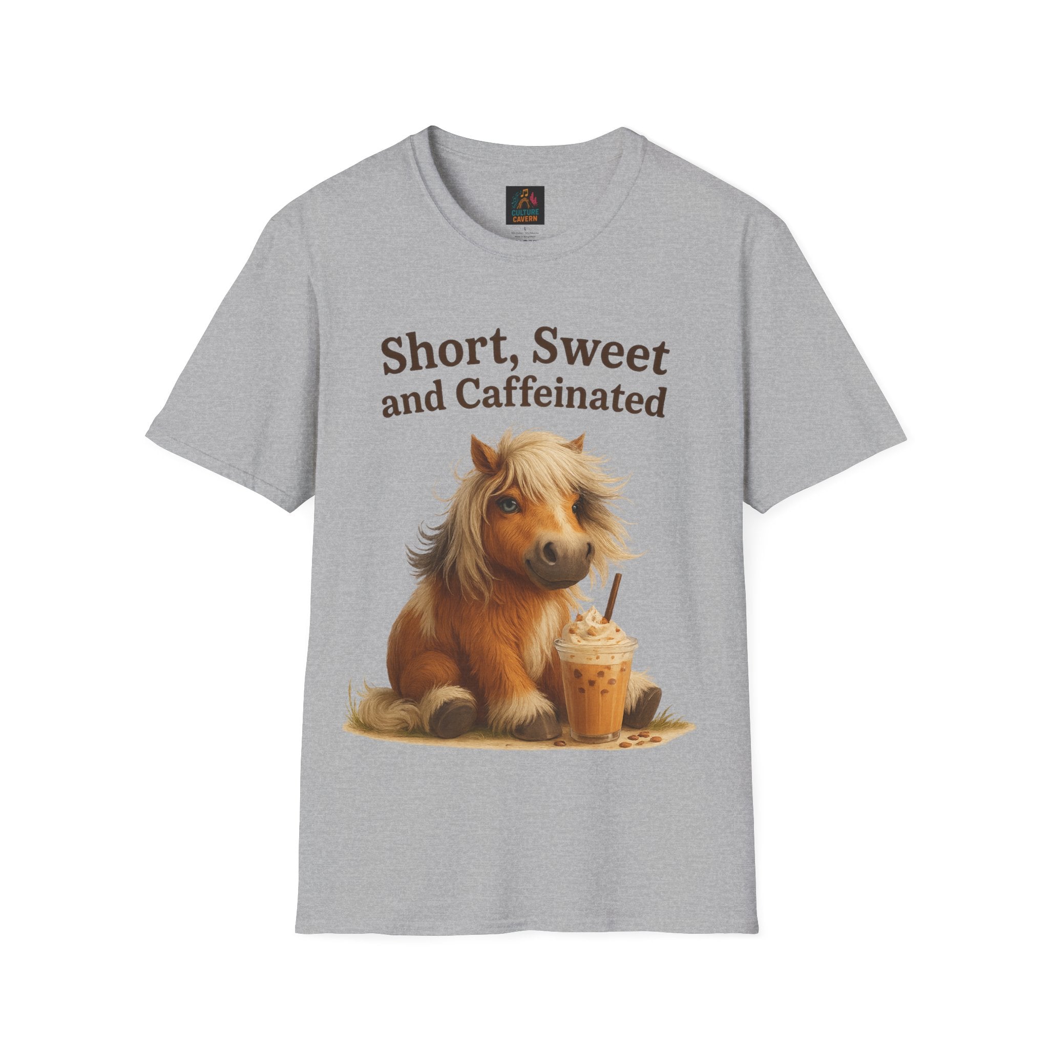 Short, Sweet, and Caffeinated Pony T-Shirt, Cute Animal Tee, Funny Coffee Shirt, Gift for Coffee Lovers, Unisex Funny Tee